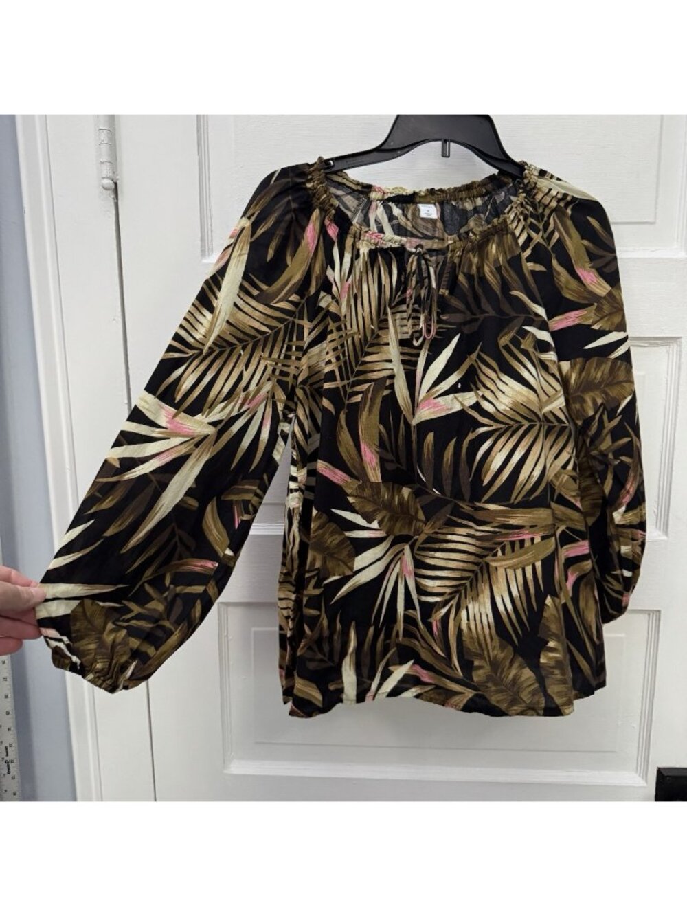 Old Navy Womens S Palm Print Cotton Gauze Tie Neck Peasant Blouse Boho